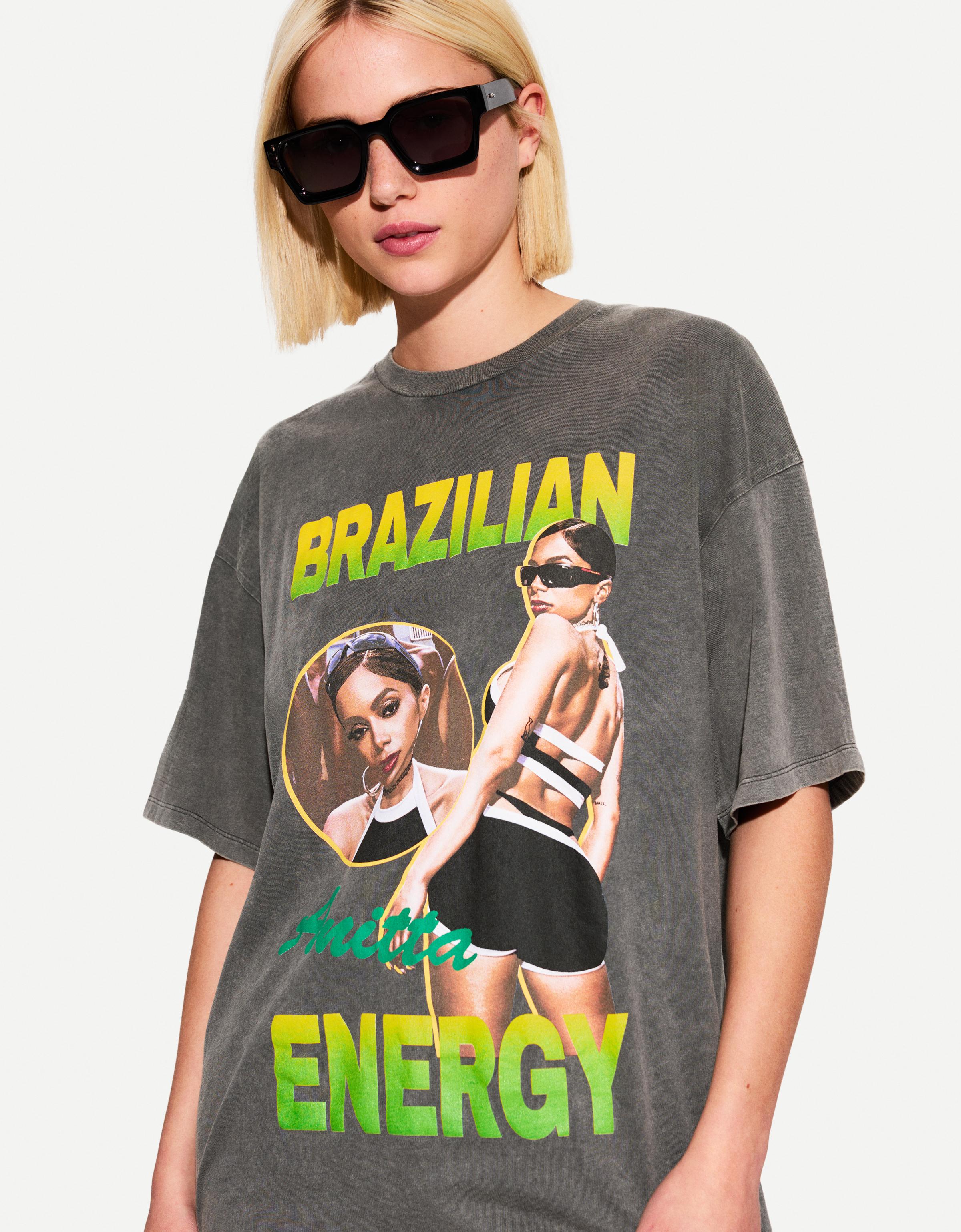 Bershka T-Shirt Anitta Brazian Energy Damen L Grau