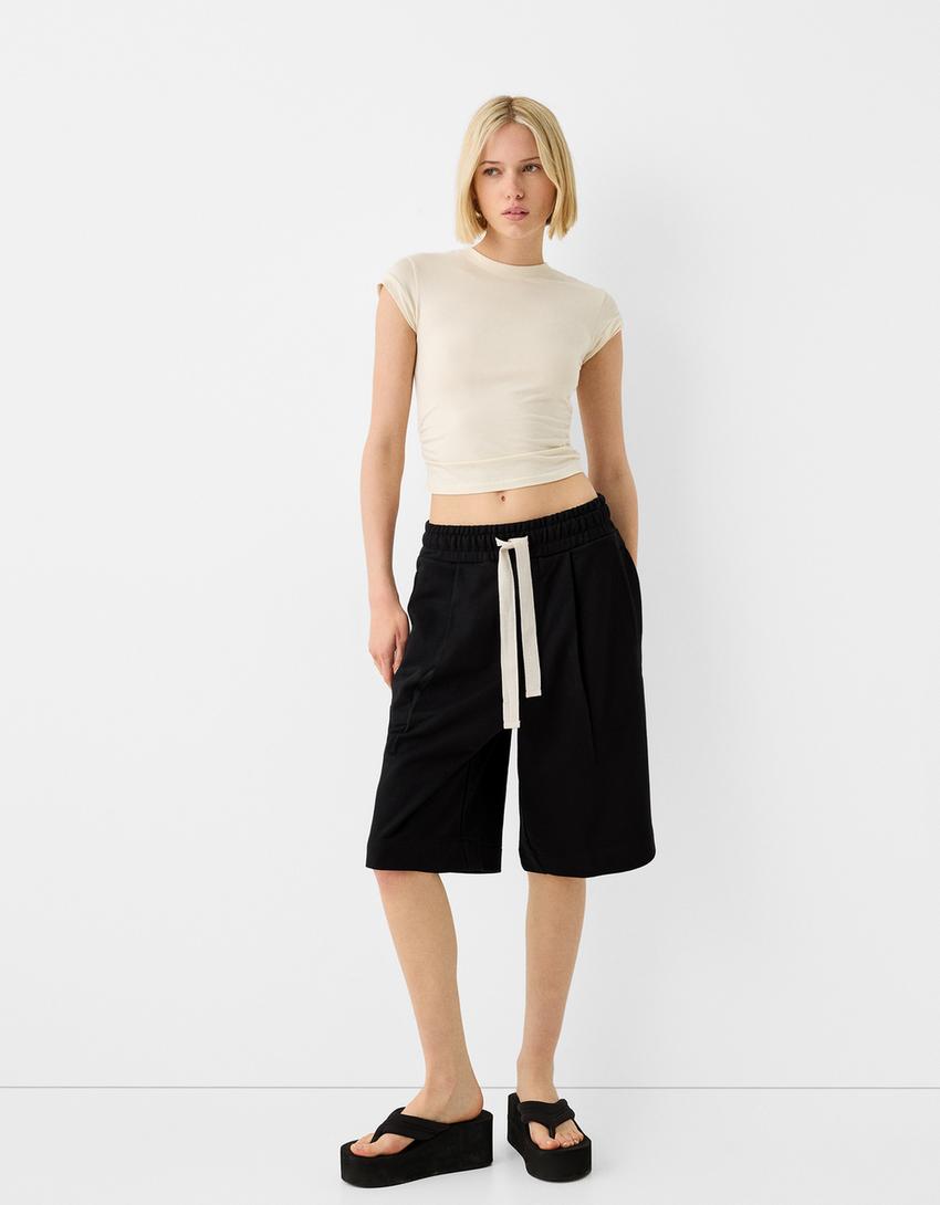 Calções bermuda baggy pinças-Preto-4