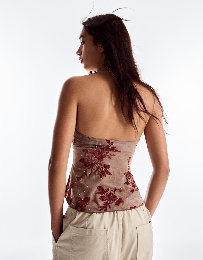 Printed halter top-Brown