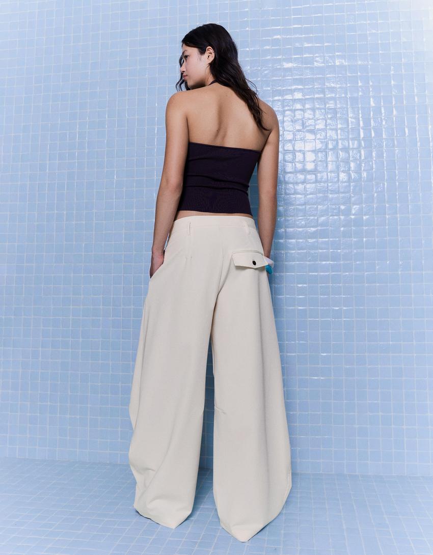 Pantalón pliegues doble botón-Crudo