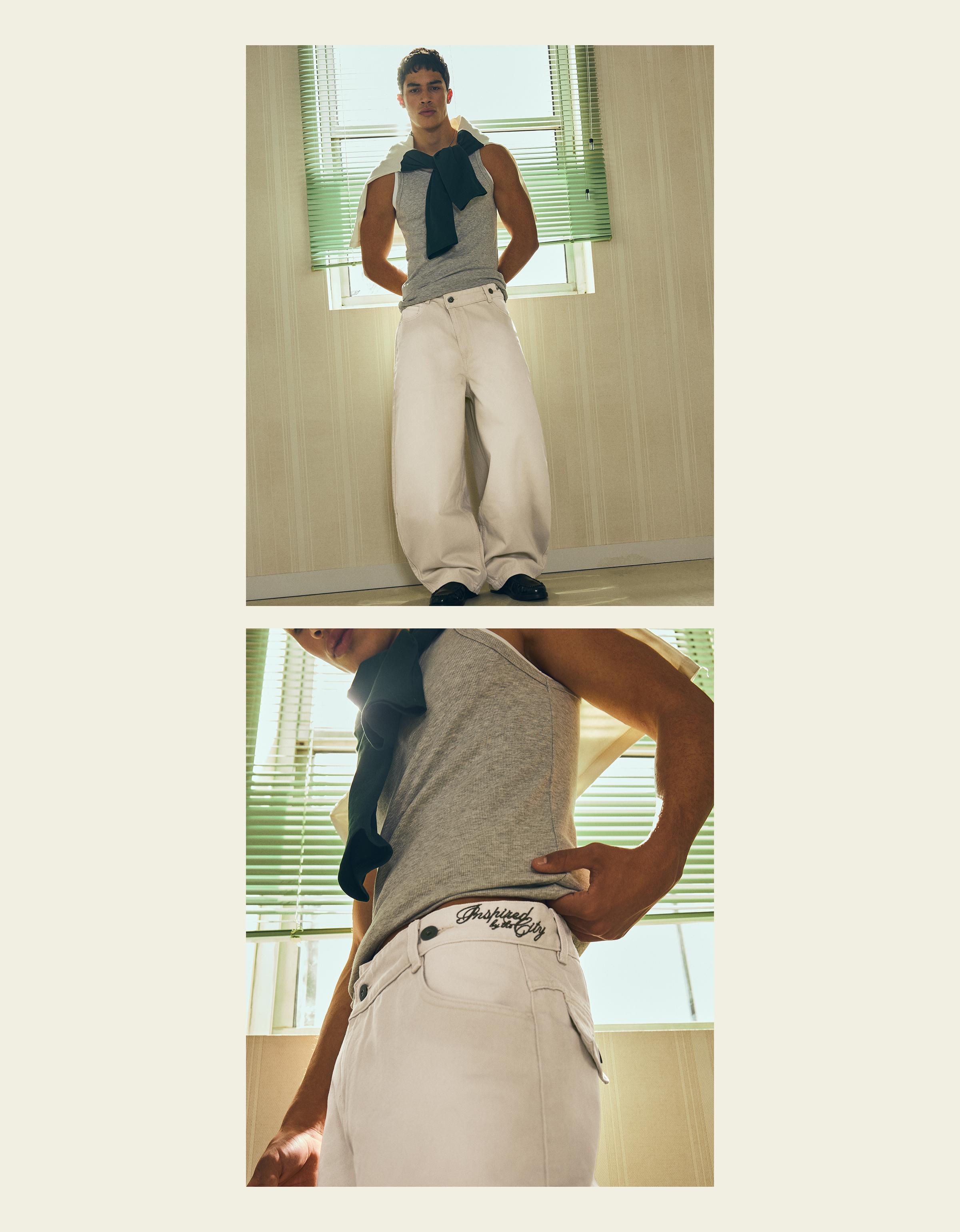 Embroidered crossover barrel trousers — Sand