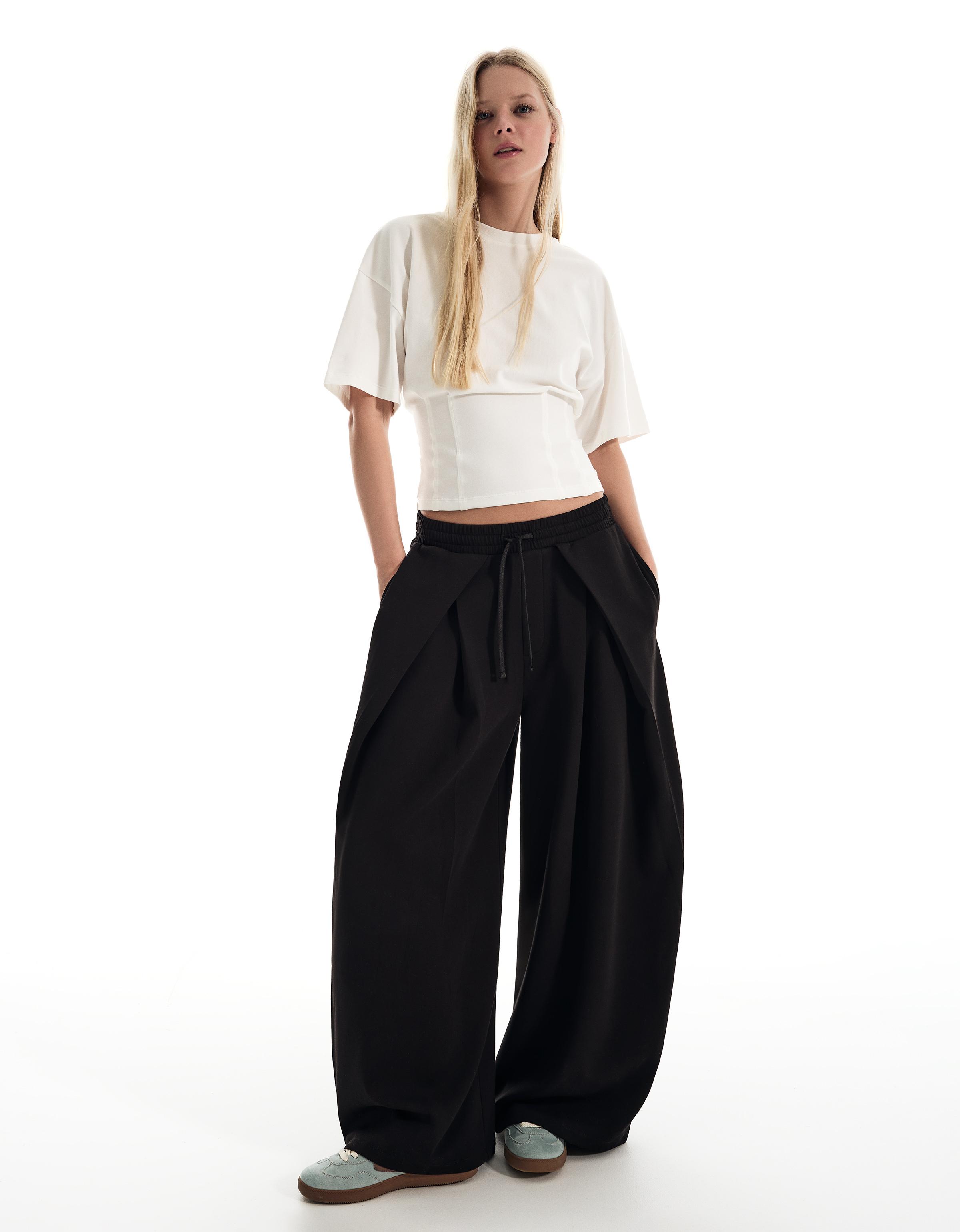 Neoprene effect wide-leg trousers with stoppers — Black