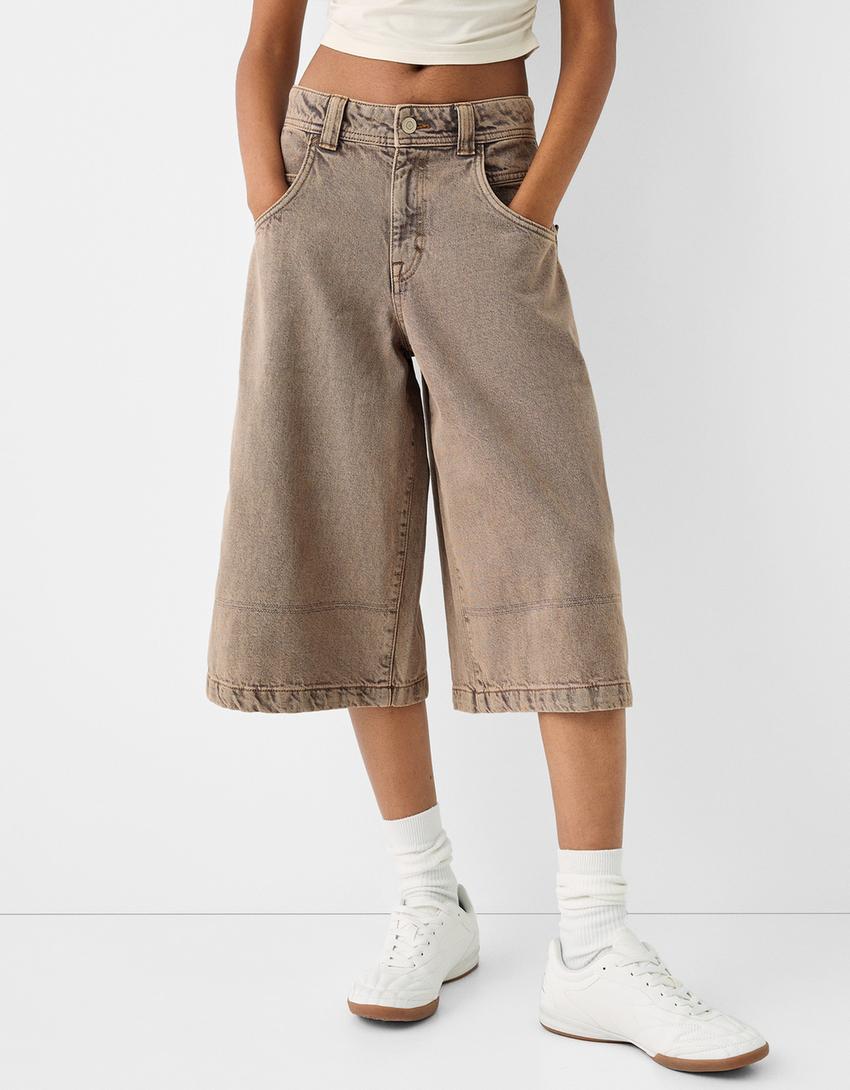 Baggy fitilli kumaş bermuda jort-Kum rengi-1