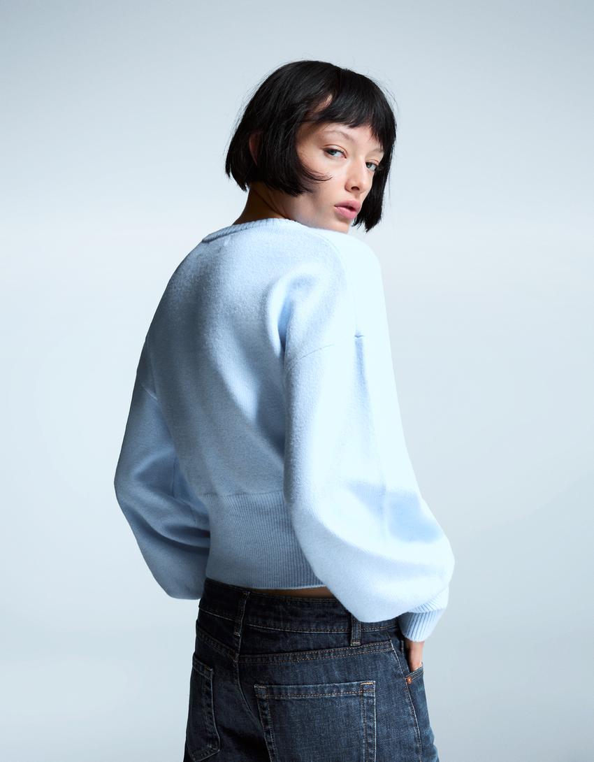 Gilet cintré en maille côtelée-Bleu clair