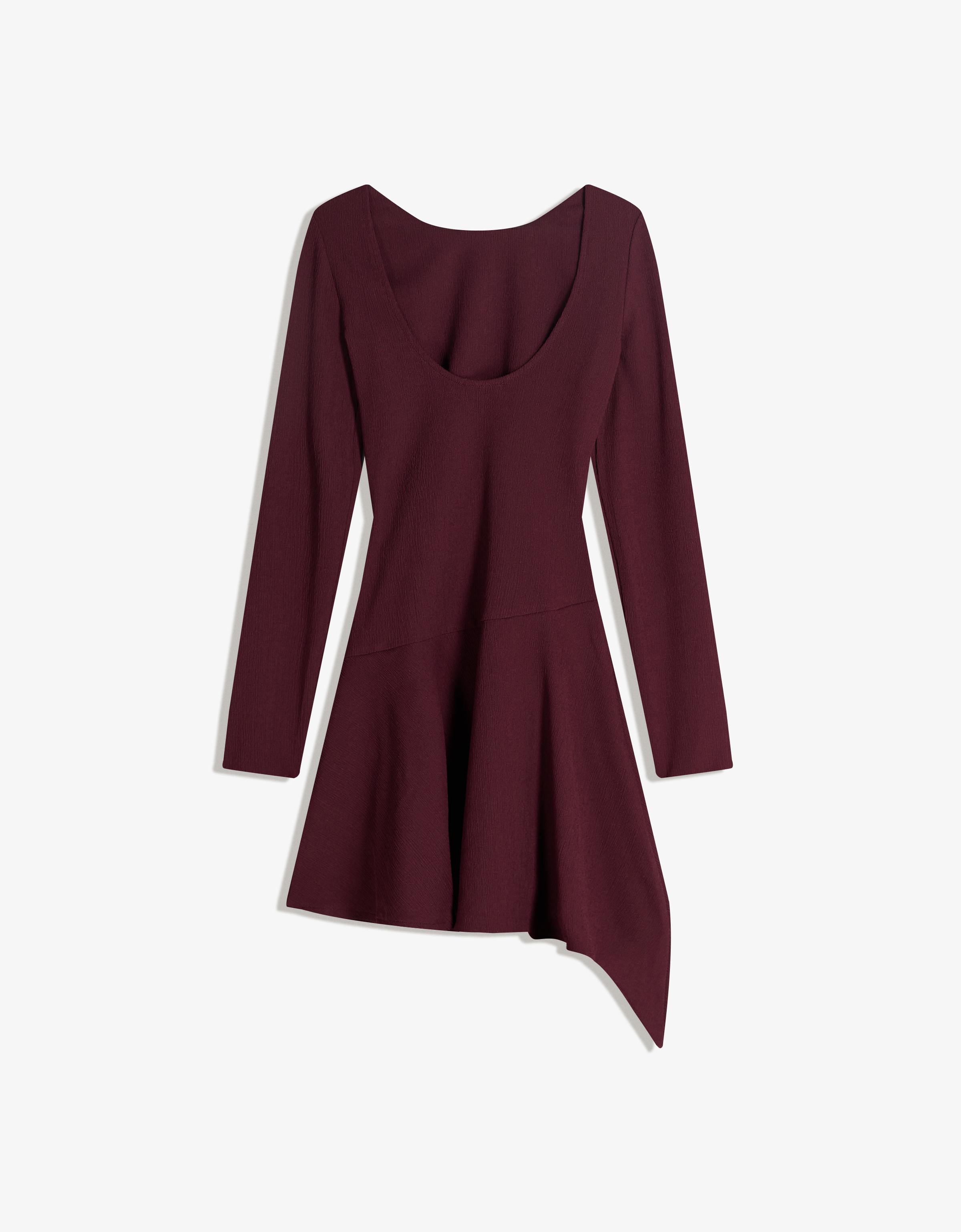 tie neck flounce sleeve asymmetrical hem belted dress
