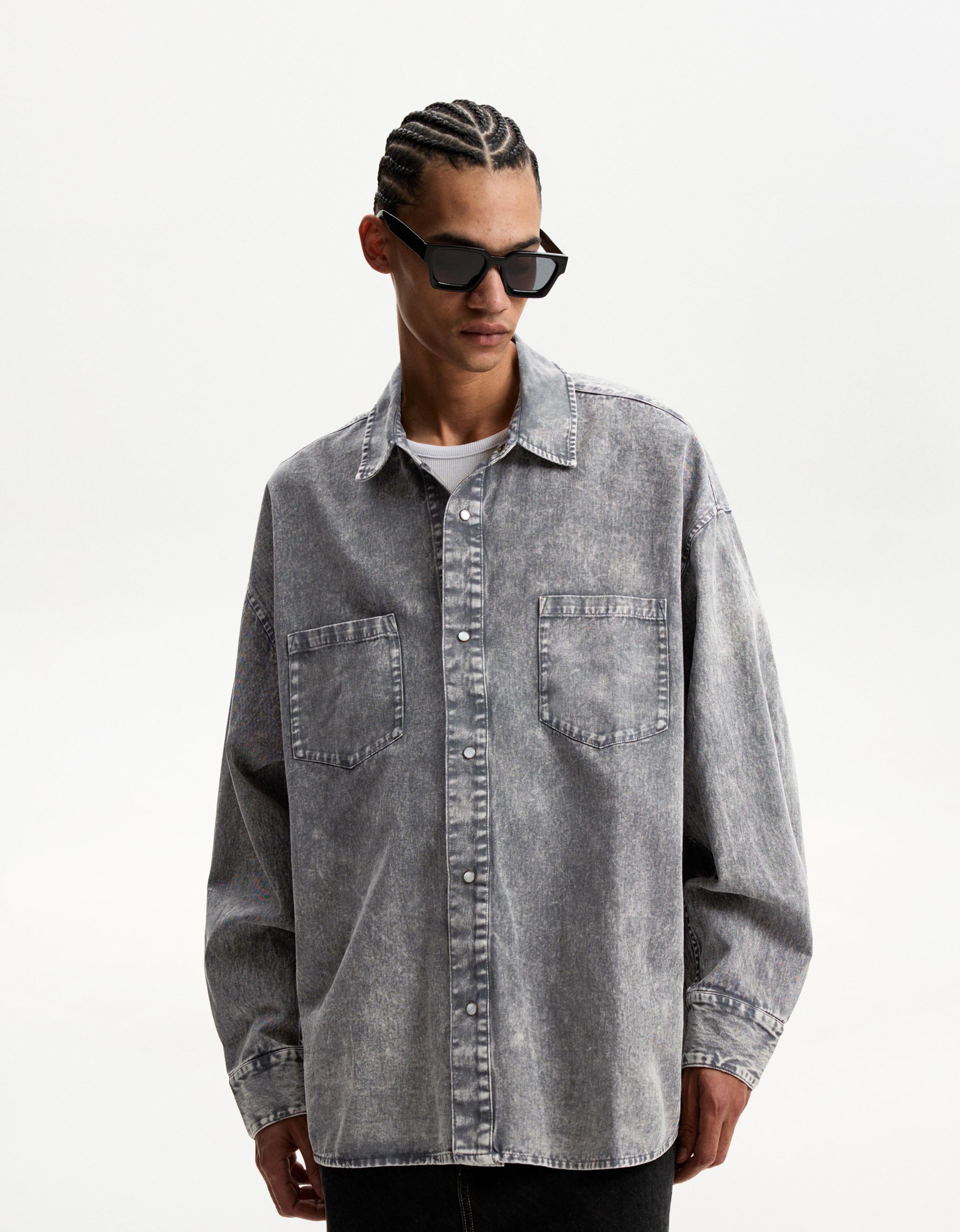 Bershka Oversize-Langarmhemd Herren S Grau