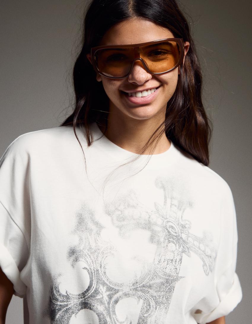T-shirt manches courtes oversize imprimé-Blanc cassé