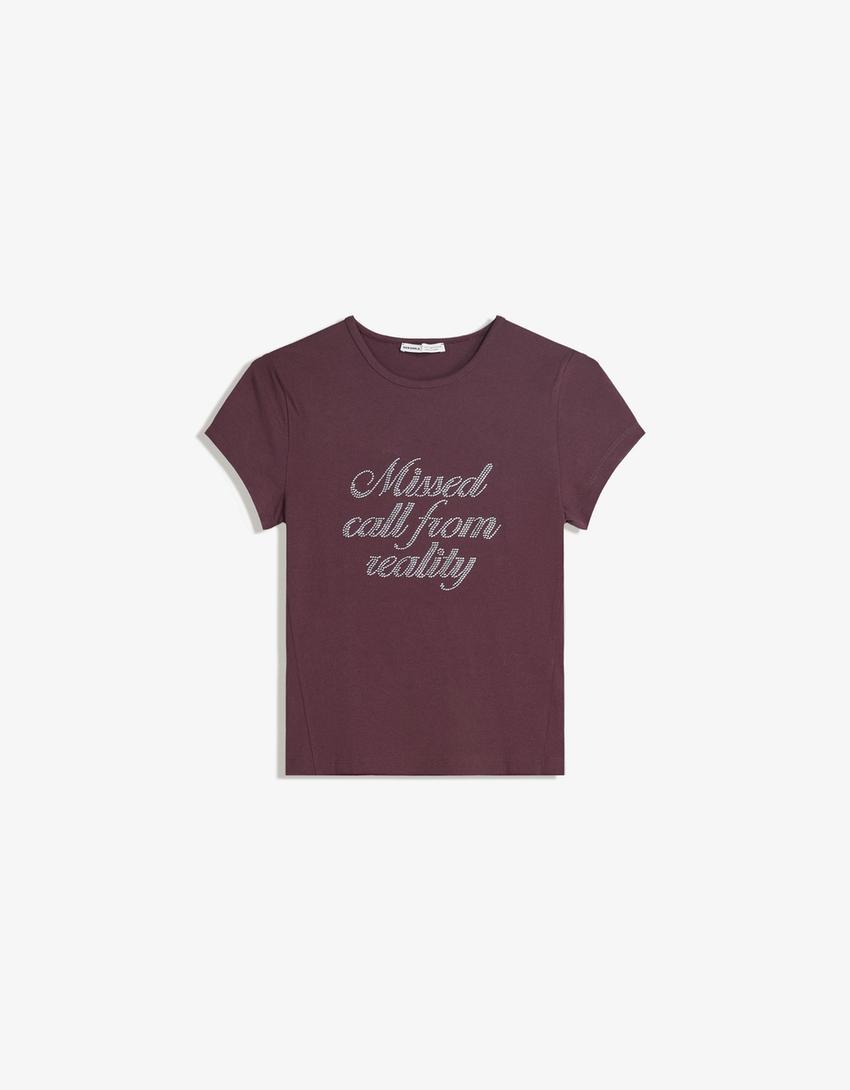 Short sleeve rhinestone T-shirt-Burgundy-3