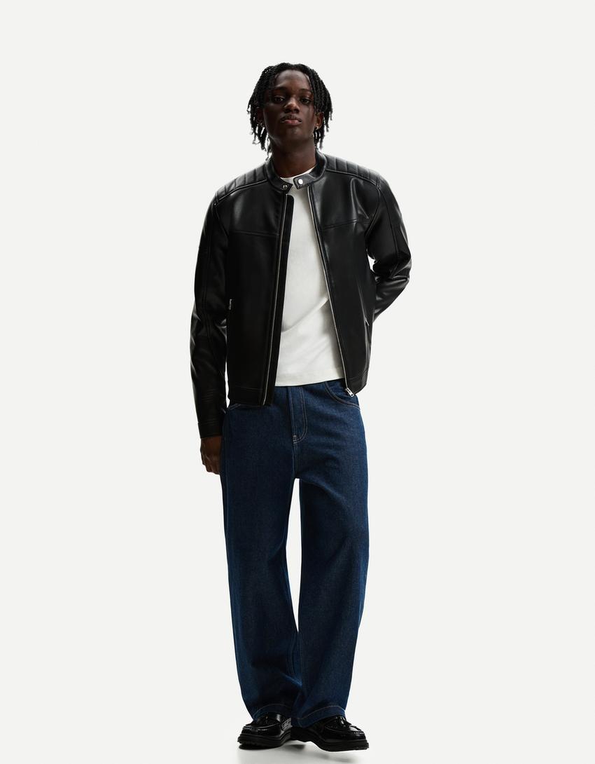 Cazadora biker efecto piel cremalleras-Negro-3