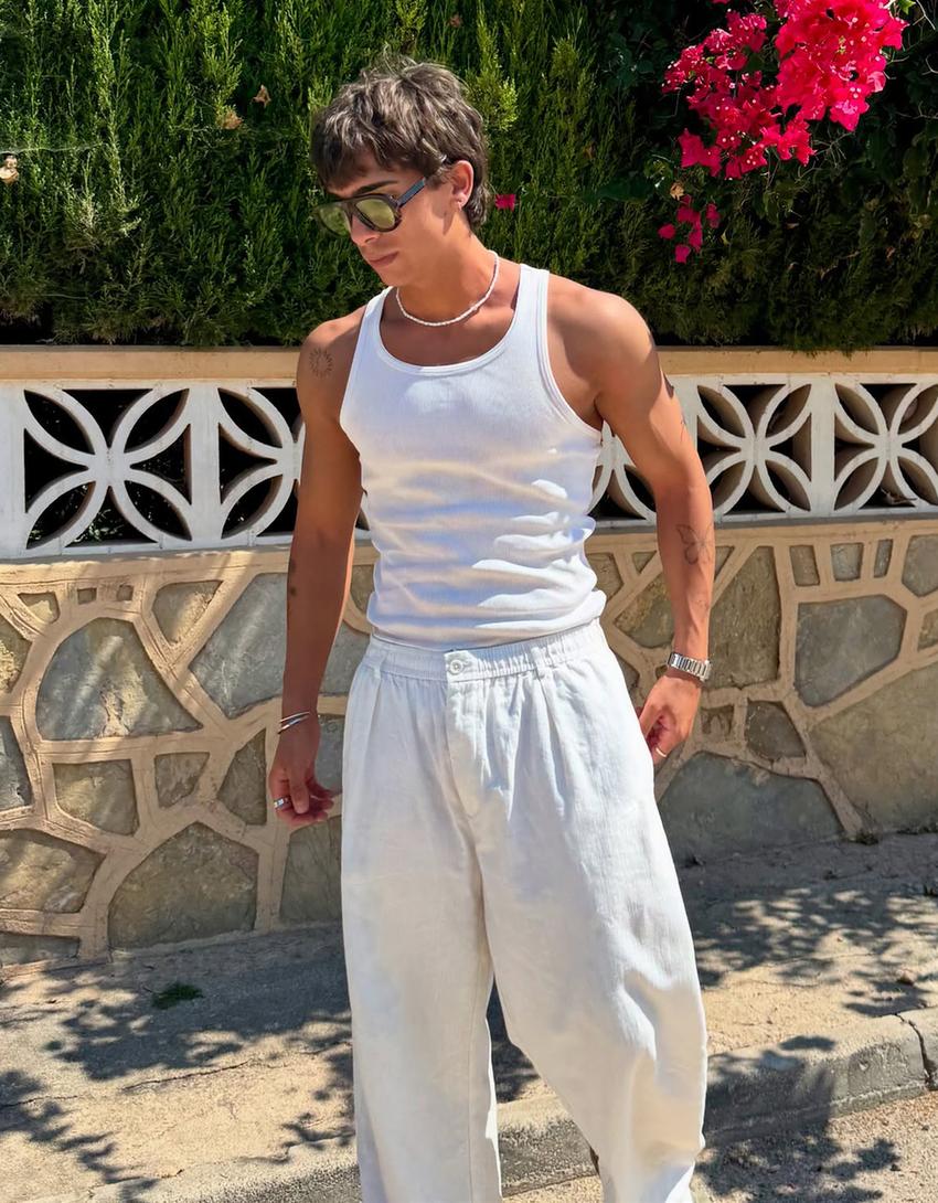 Ketenli super baggy fit pantolon-Kirli beyaz
