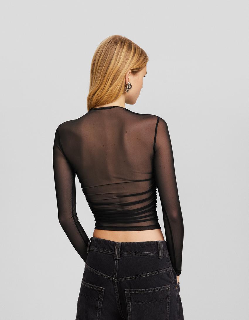 تيشرت تول بزمة وأكمام طويلة-أسود-1