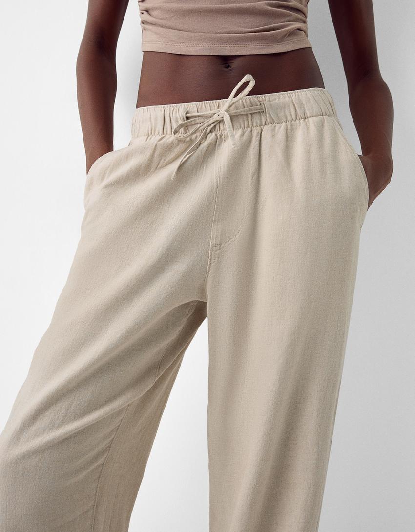 Calças jogger wide com linho-Areia-2