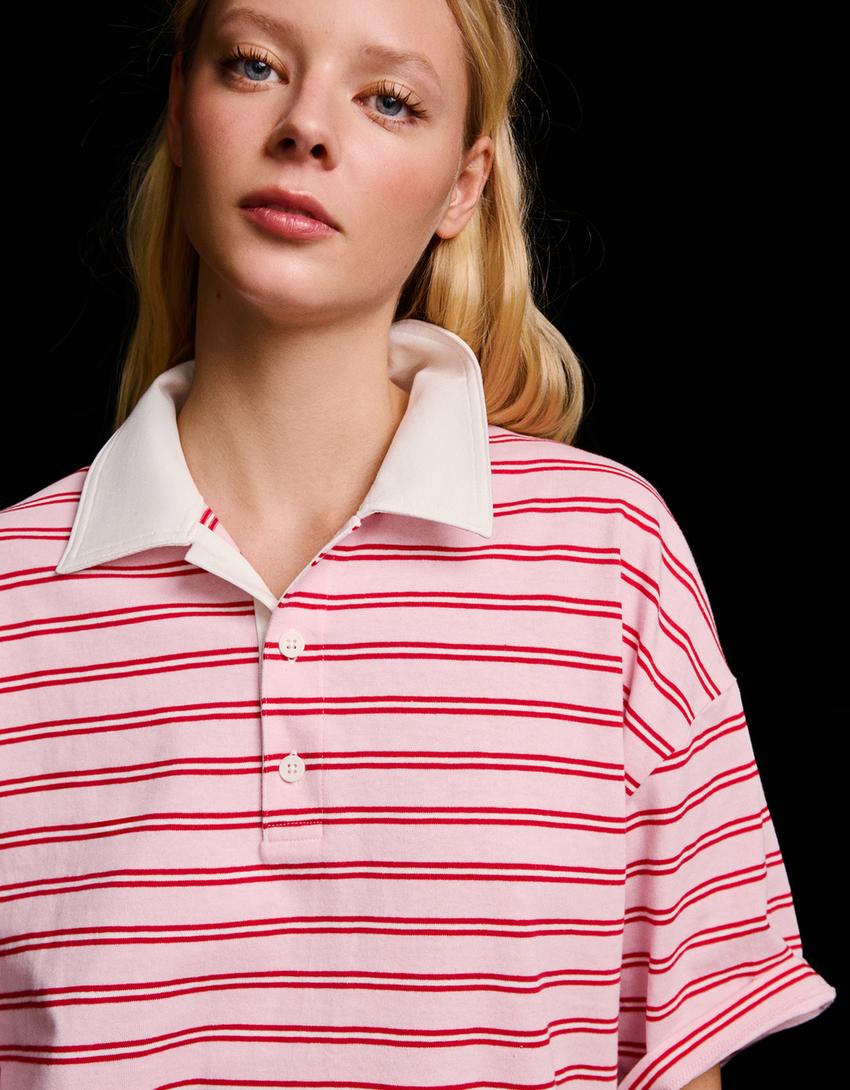 T-shirt à manches courtes col polo-Rose