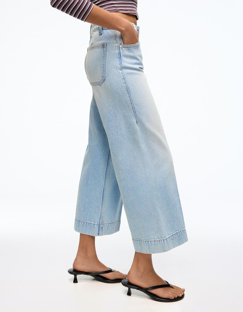 Jeans wide leg cropped-Azul claro