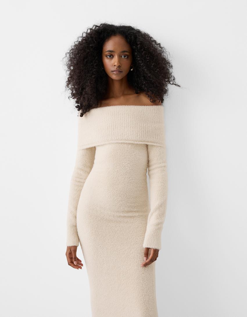 Vestido midi manga comprida bardot fuzzy-Areia-1