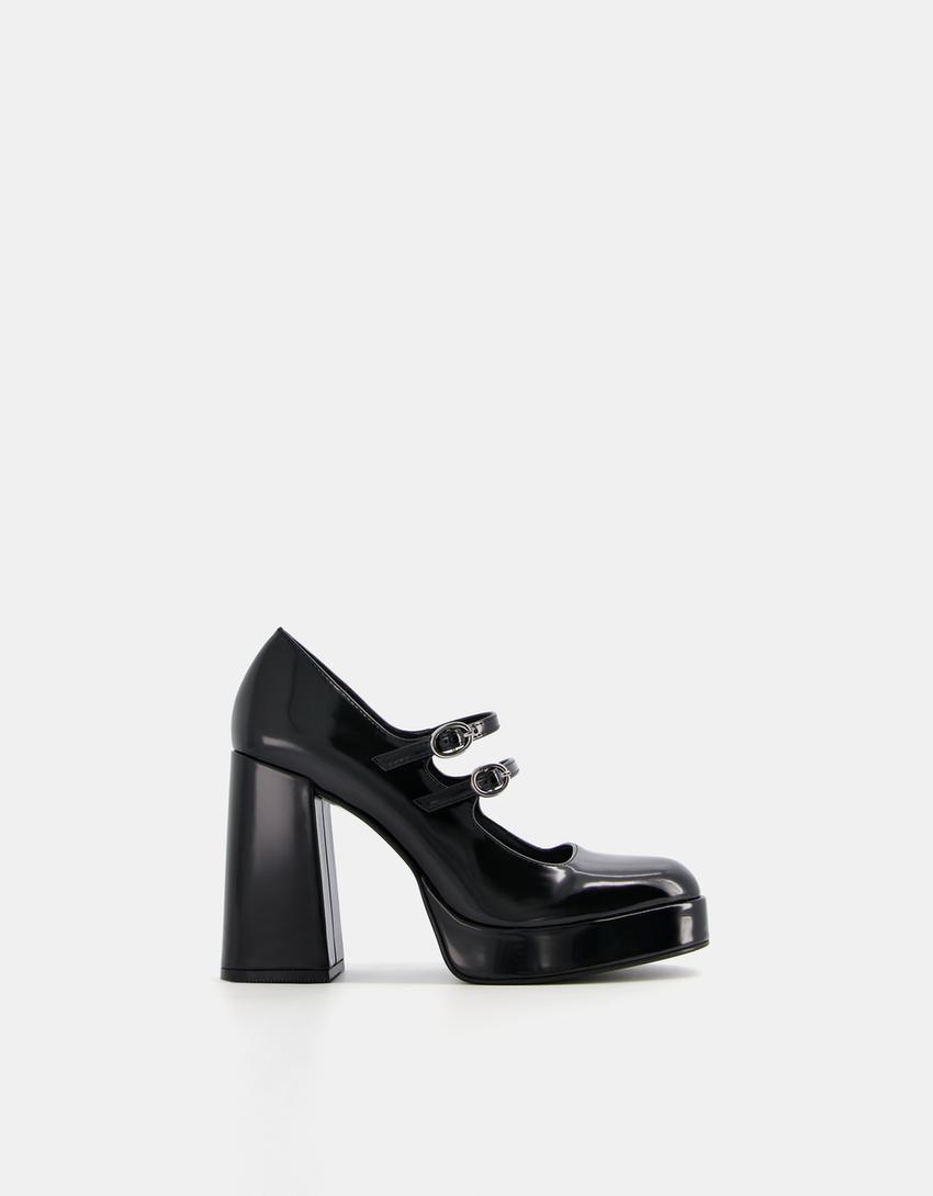 High-heel platform shoes with straps-BLACK