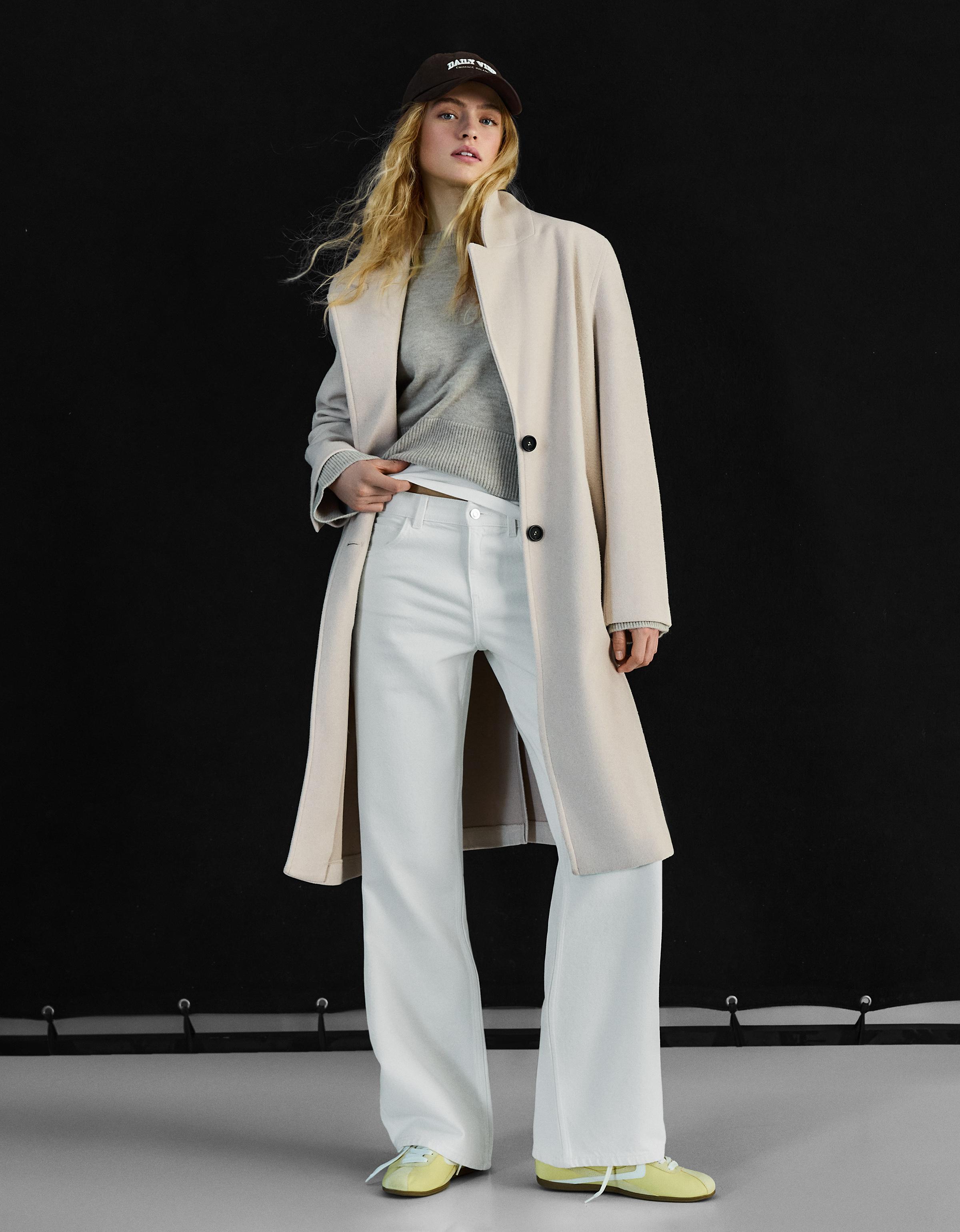 Bershka Langer Soft-Mantel Damen S Sandfarbe