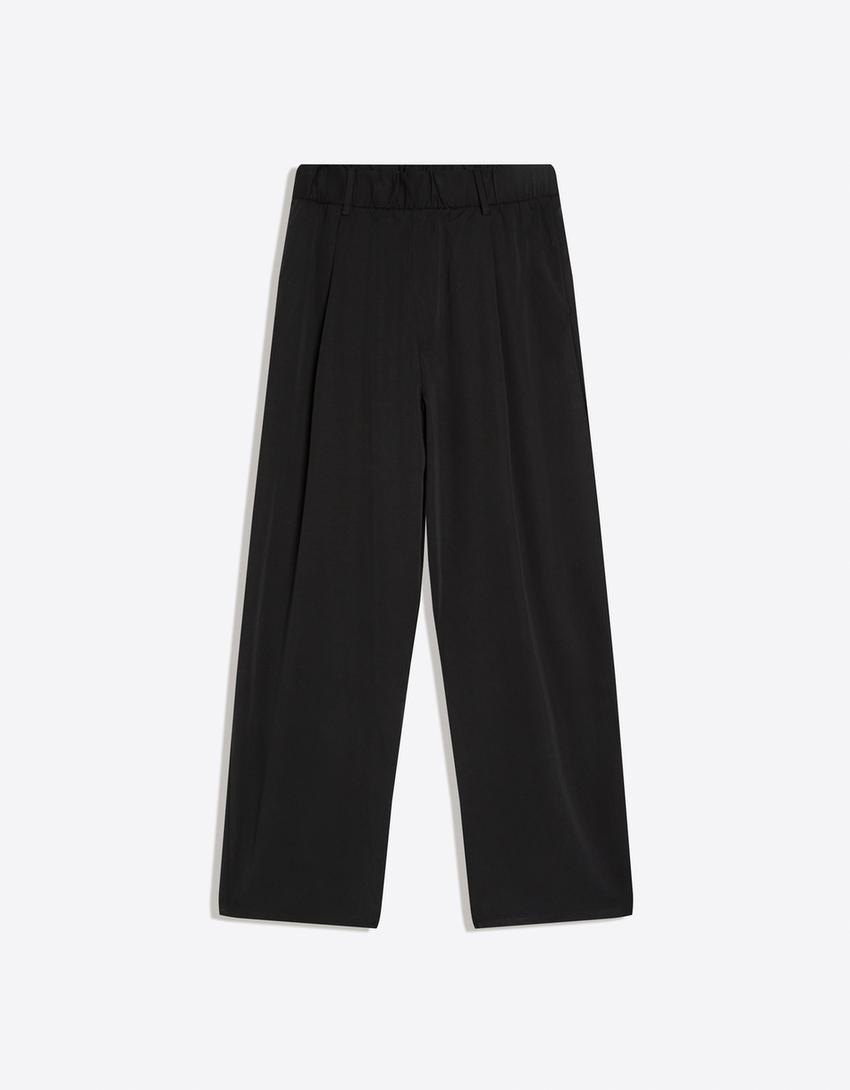 Super baggy fluid trousers with darts-Black