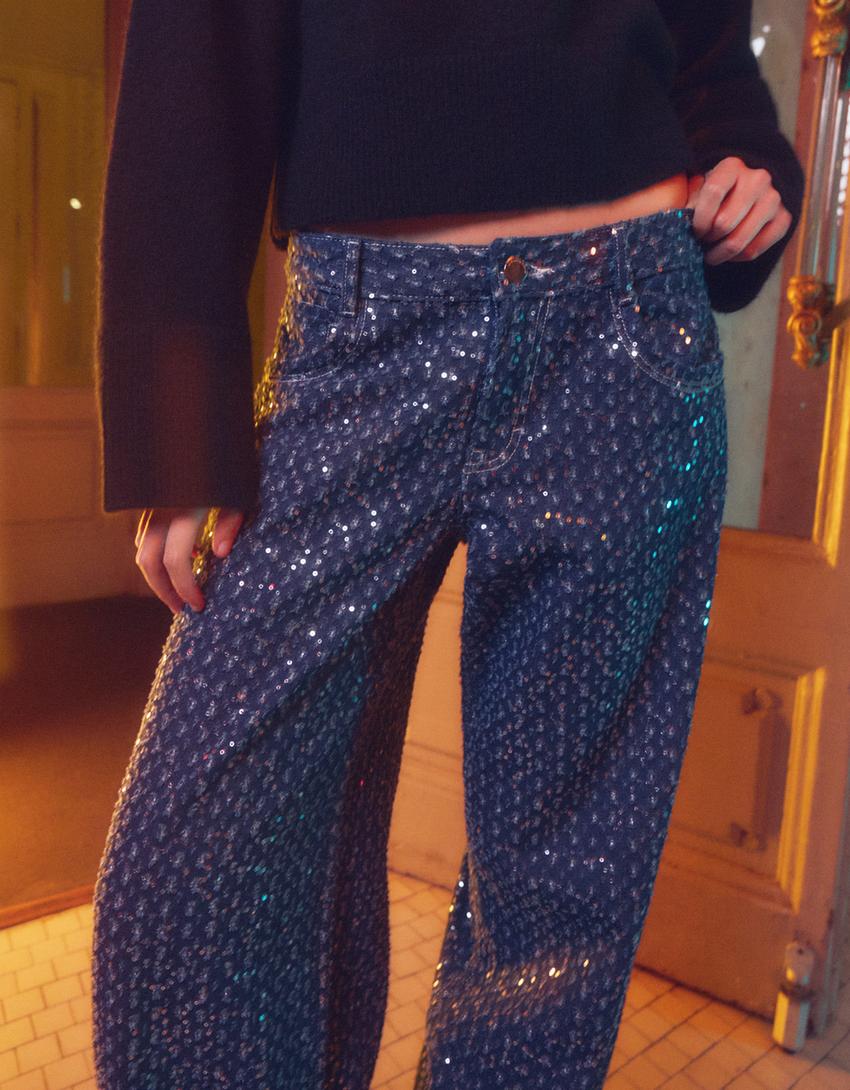 Sequinned wide-leg jeans-Navy