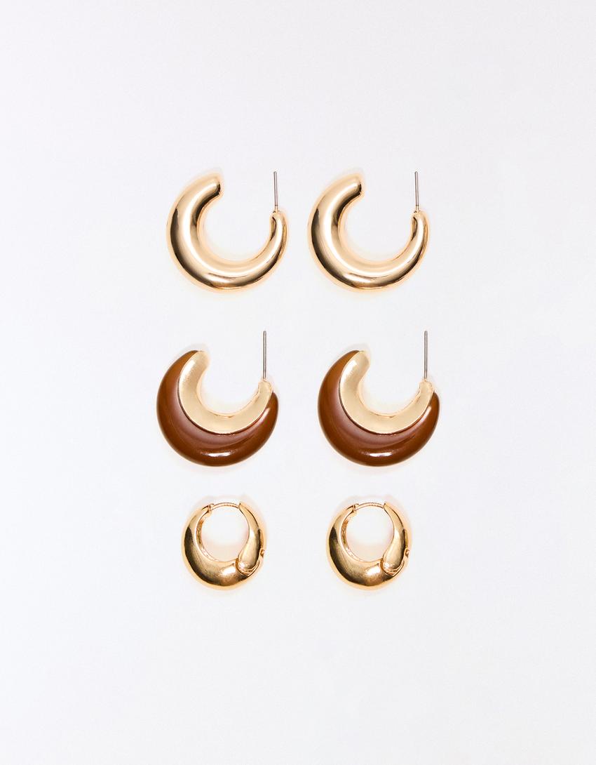 Pack of 3 resin-effect earrings-Brown