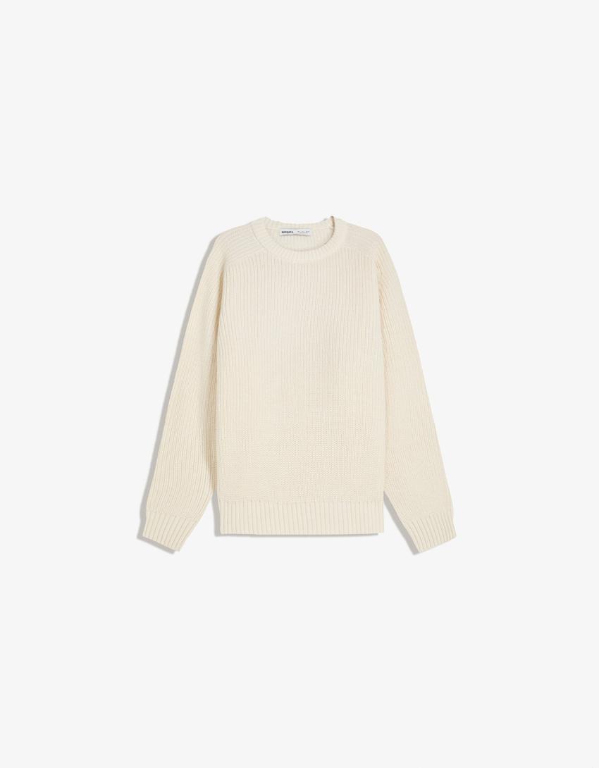 Purl knit wool blend sweater-Off white
