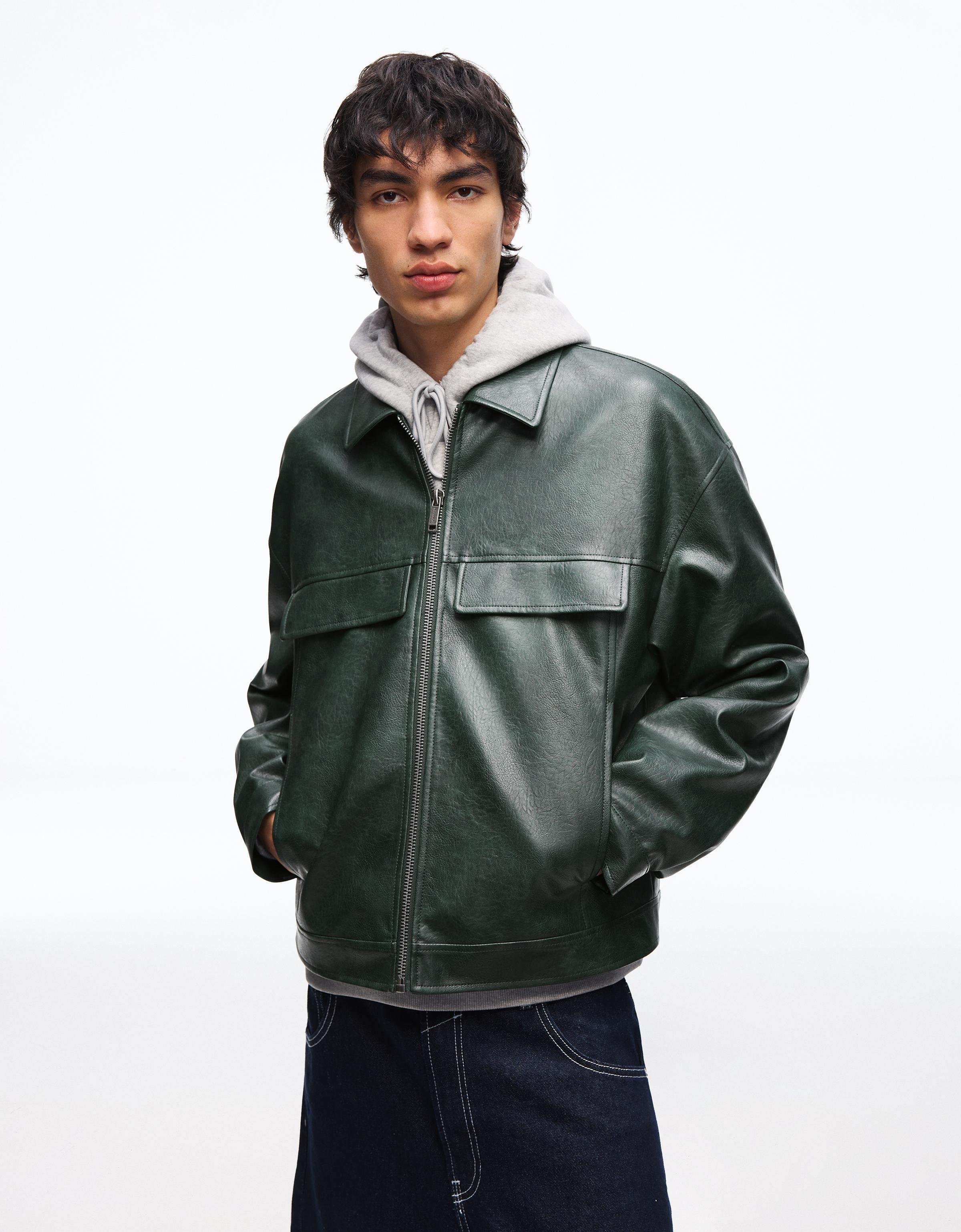 Bershka Jacke Aus Kunstleder Im Boxy-Fit Herren Xl Grün