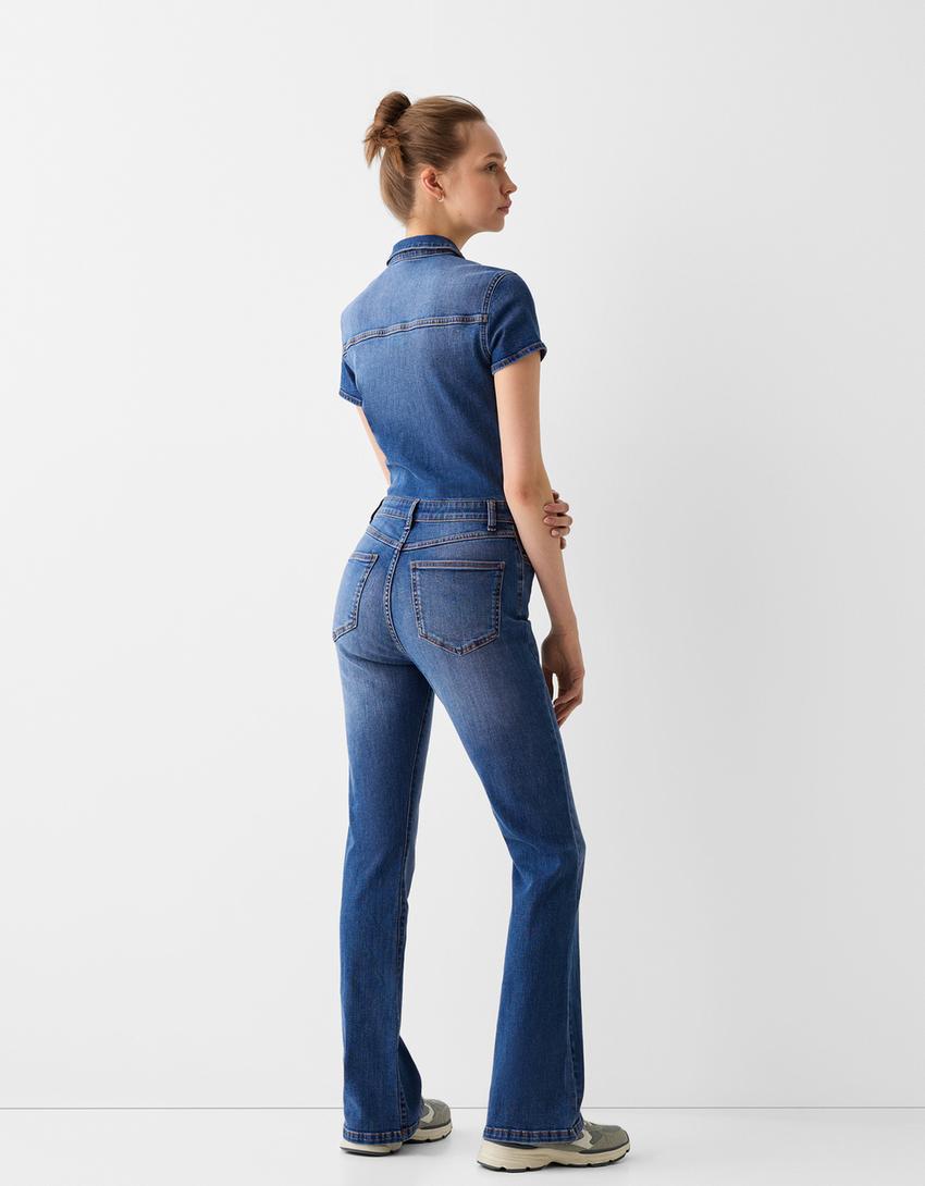 Short sleeve denim jumpsuit-Blue-2