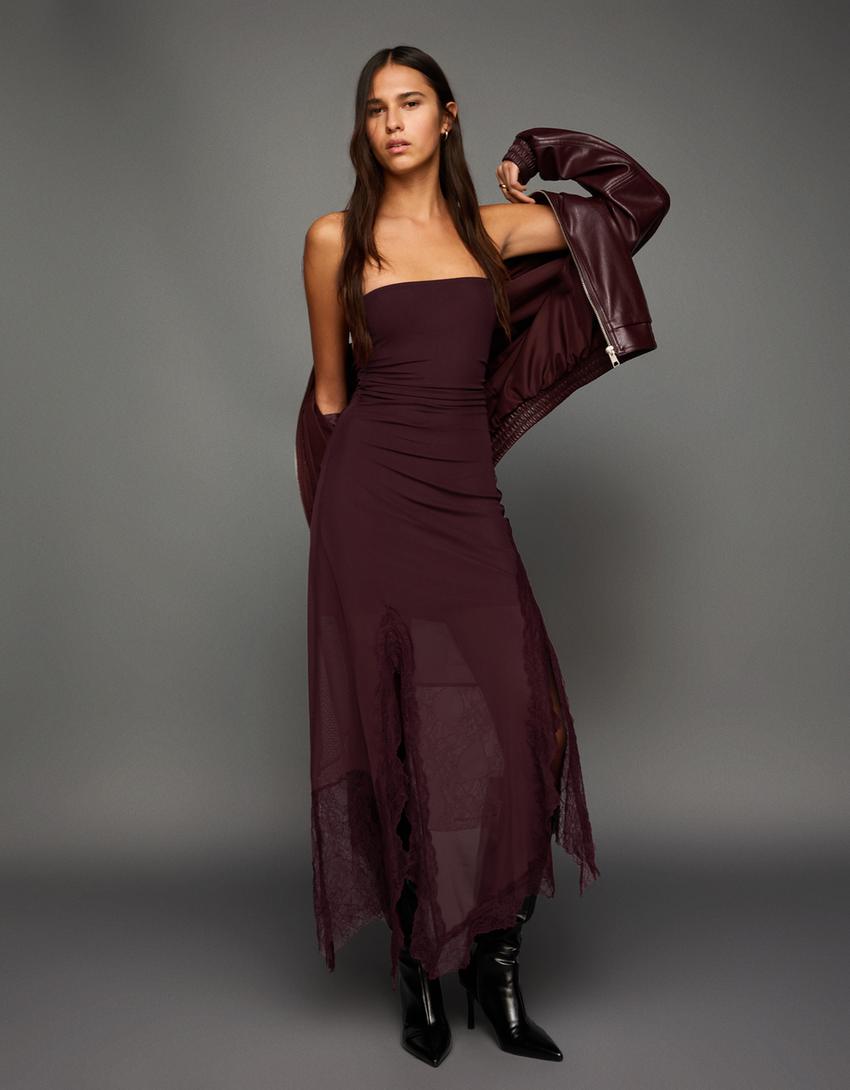 Asymmetric lace tulle bandeau midi dress