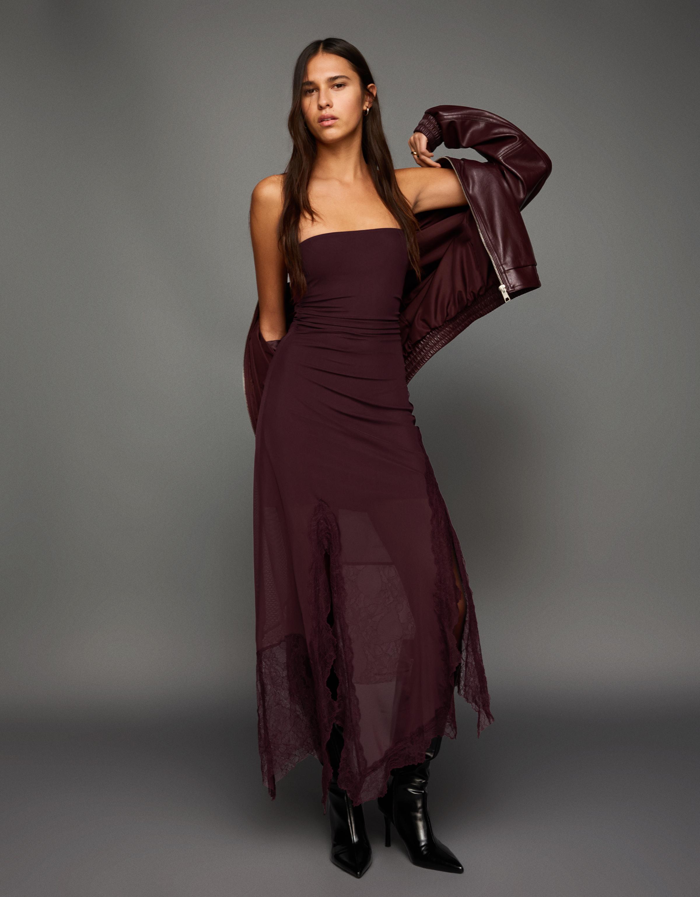 Asimetrik dantel tül bandeau midi elbise - Görsel 10