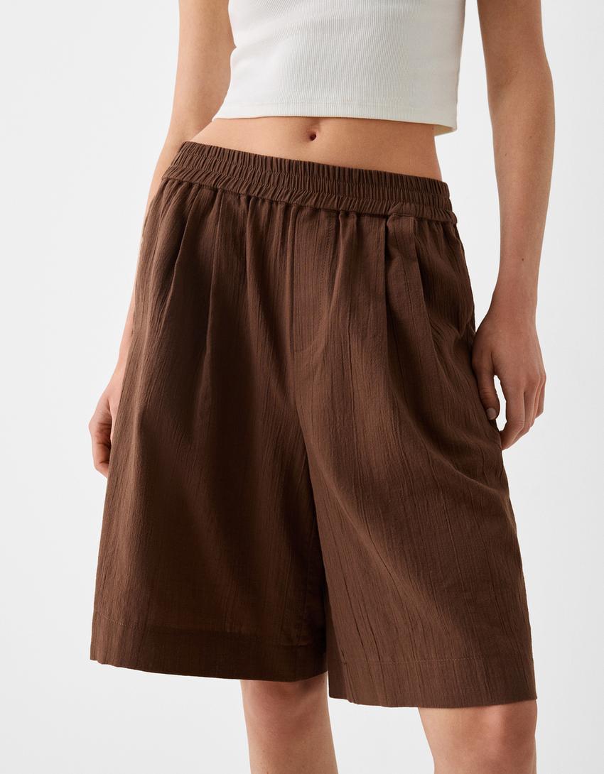 Rustik pamuklu bermuda şort-Kahverengi-3