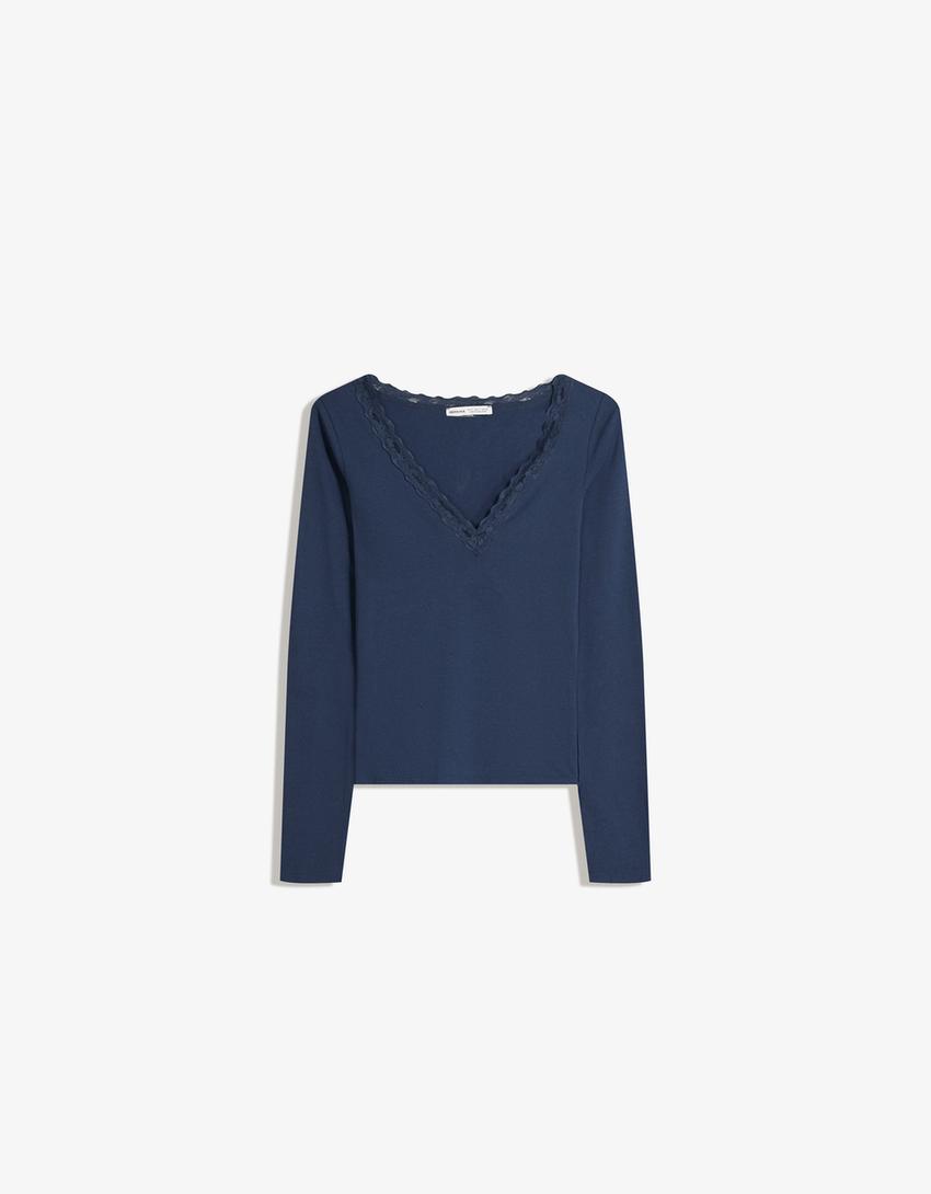 Long sleeve lace T-shirt-Navy