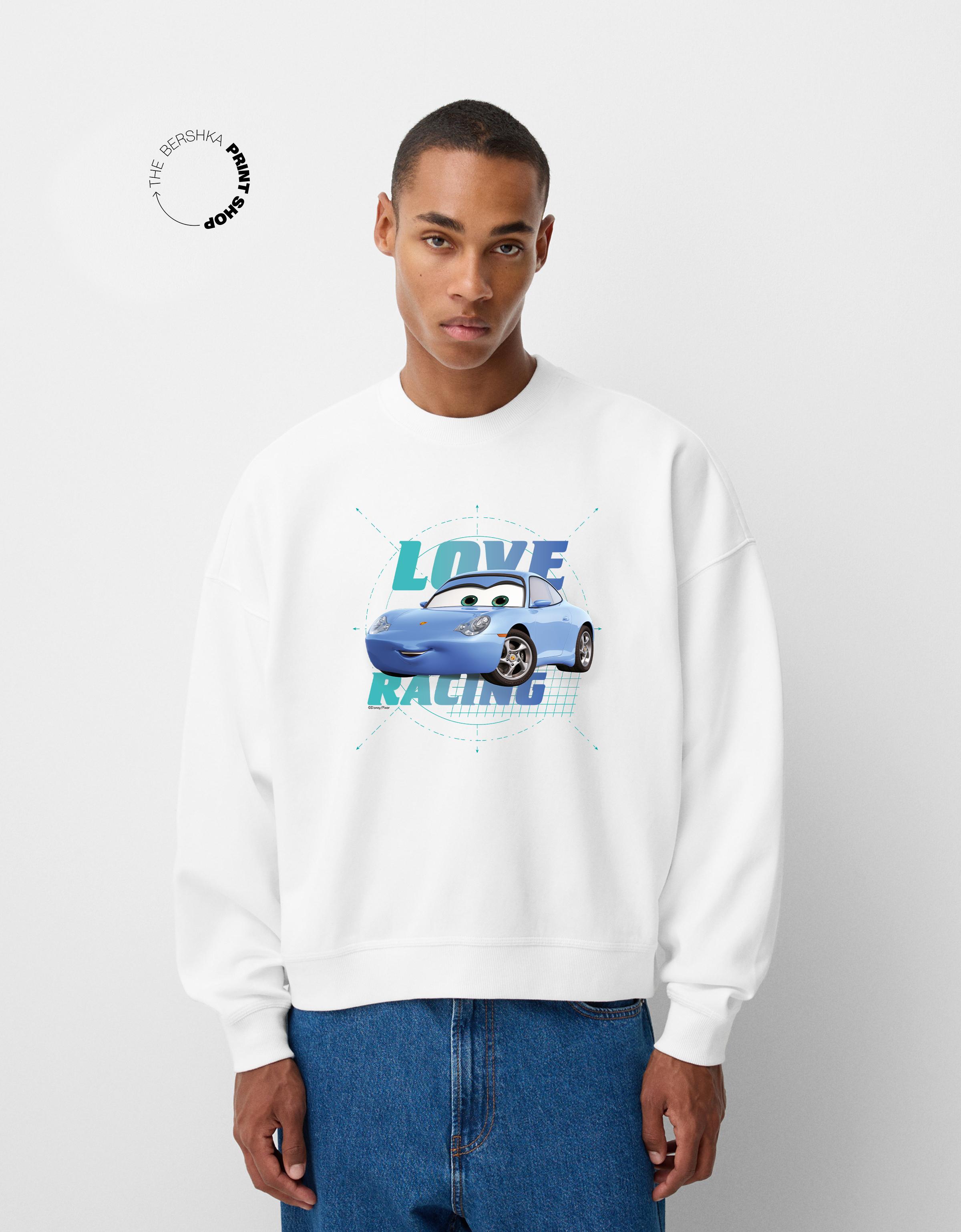 Bershka Sweatshirt Cars Print Aus Fleece Herren Xs Weiss