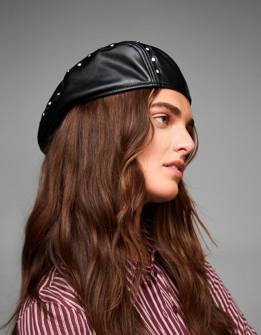 Studded leather effect beret-Black