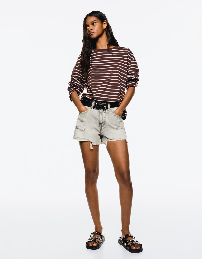Ripped denim shorts-Grey