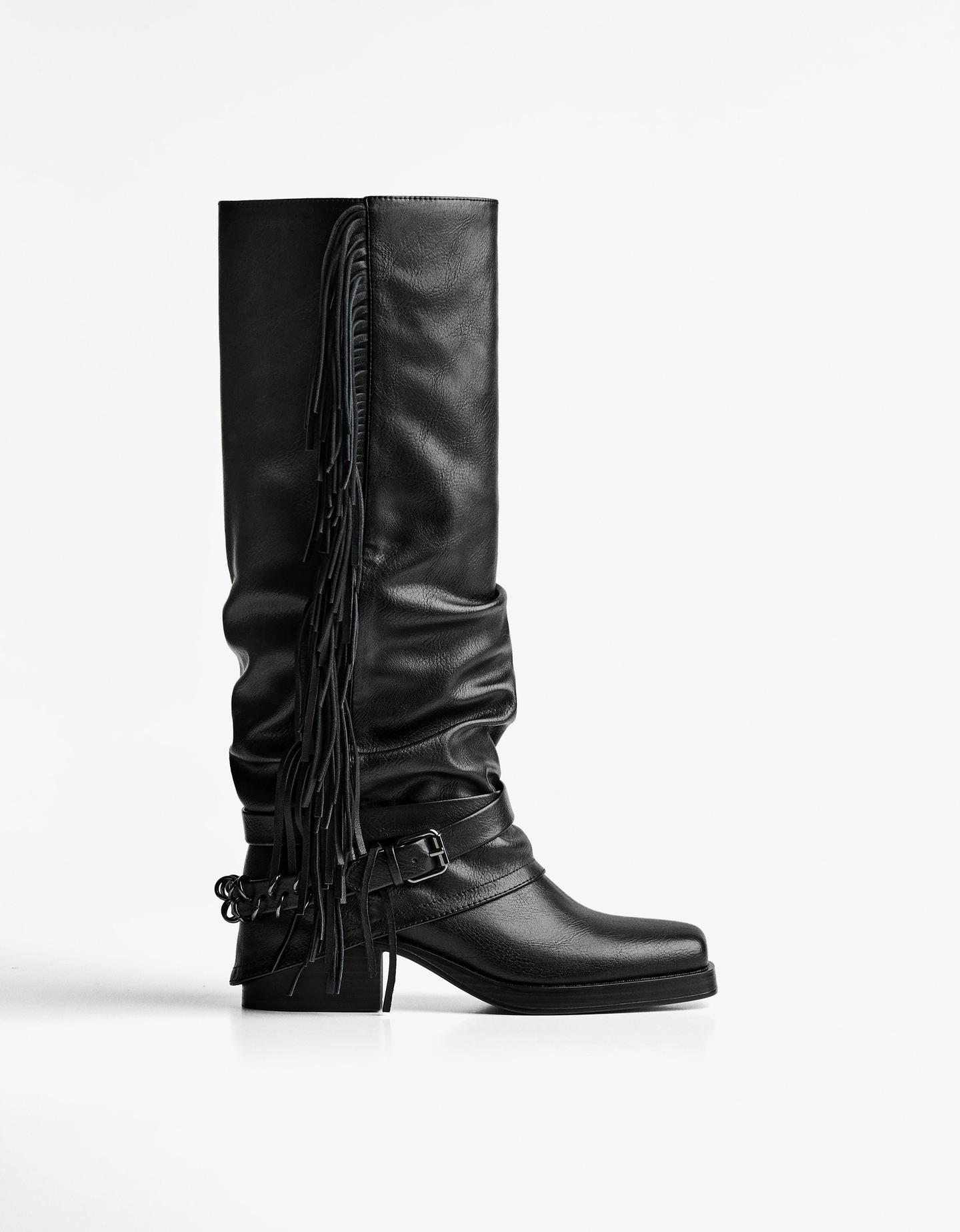 Bershka Bota Plana Pantalón Con Flecos Mujer 41 Negro