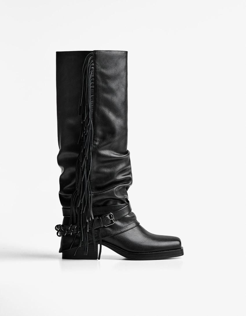 Bota rasa calças com franjas-Preto-0