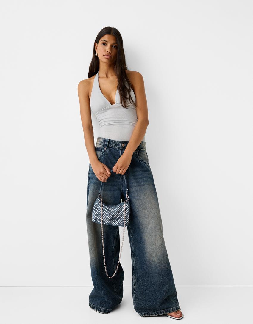 Mala a tiracolo denim multiposição strass-Azul escuro-3