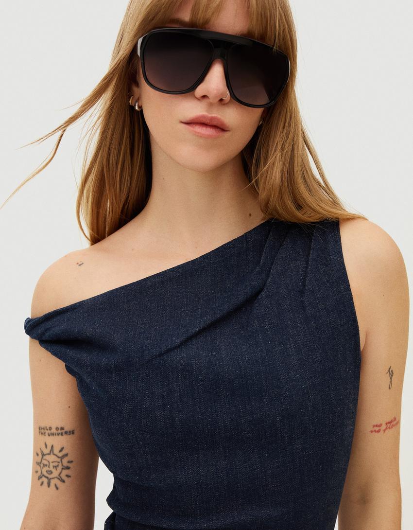 Mini off-shoulder denim dress-Navy