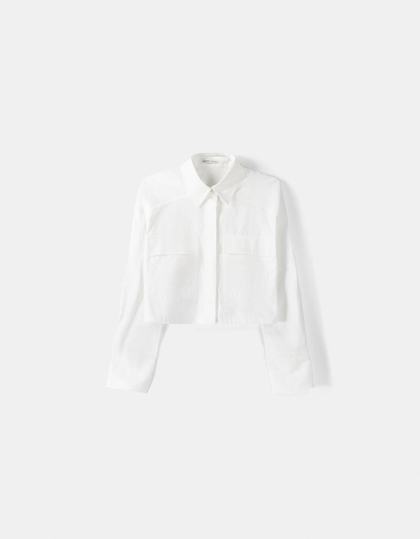 Long sleeve cropped poplin shirt with pocket-White