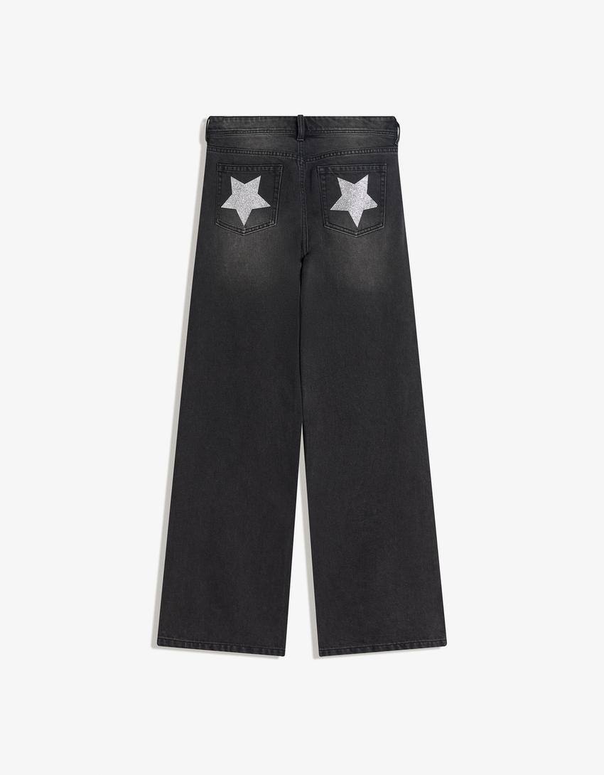 Yıldız cepli, zımbalı baggy fit jean-Siyah