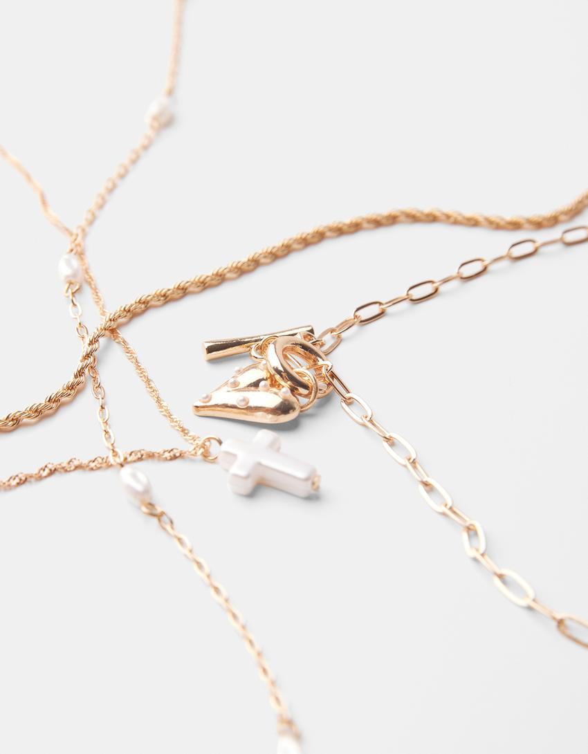 4-pack of cross, faux pearl and heart necklaces-Gold-2