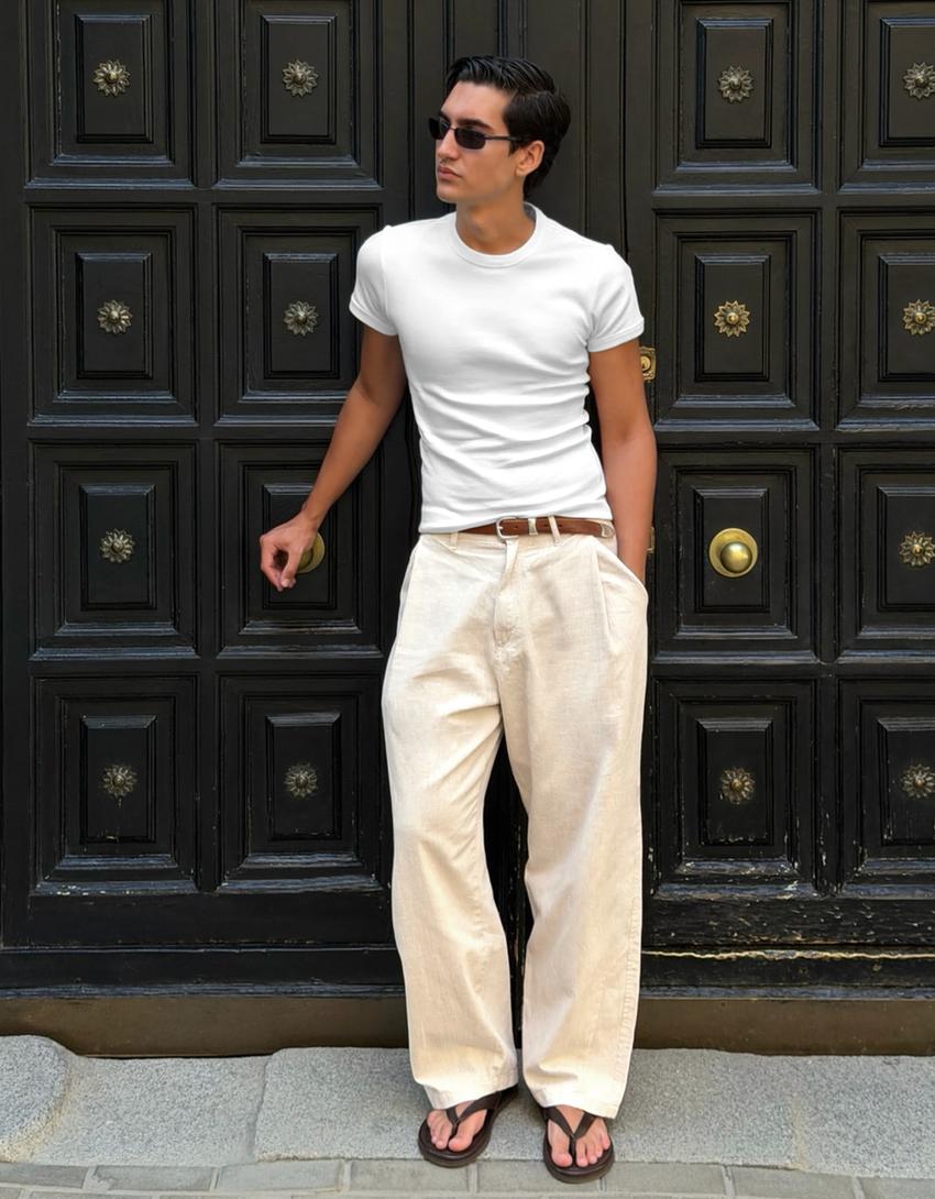 Ketenli super baggy fit pantolon-Kum rengi