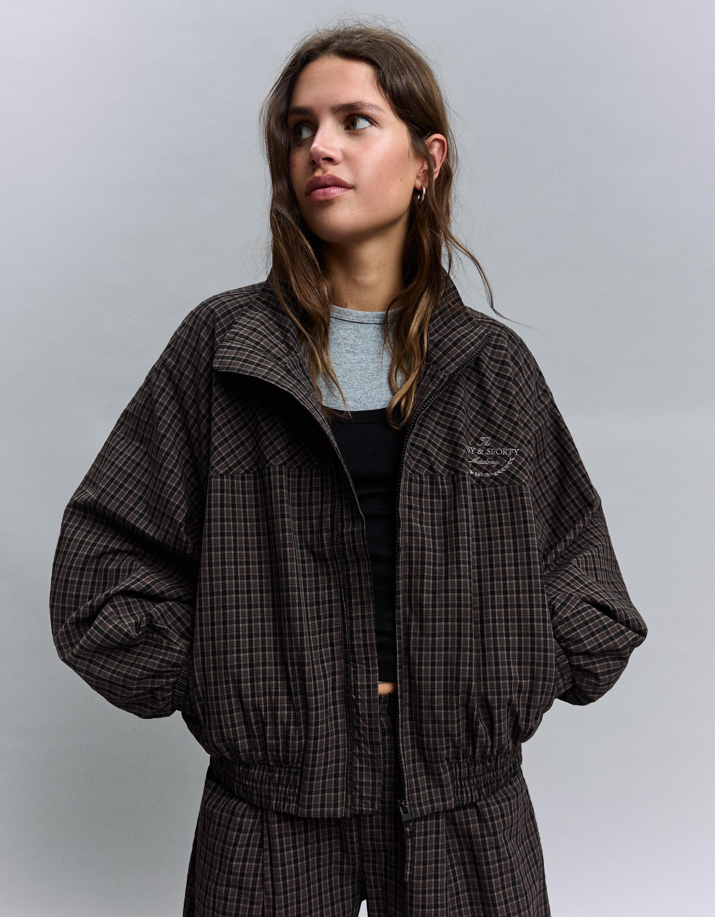 Cazadora Print Cuadros Mujer S Gris Oscuro