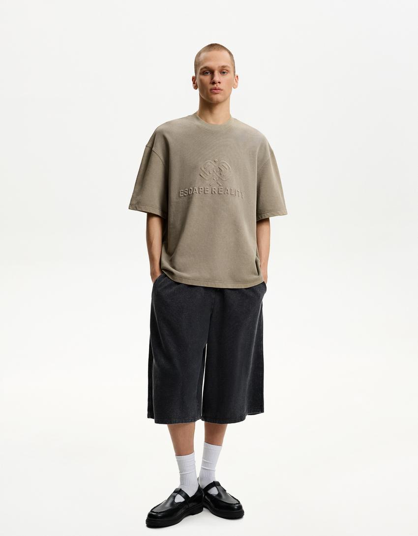 Velours T-shirt met korte mouw en borduursel-Kameel-3