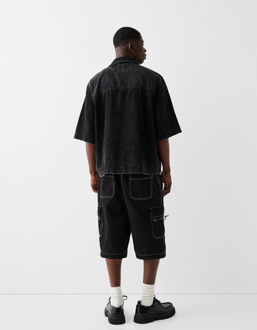 Cropped short sleeve denim shirt-Black-1