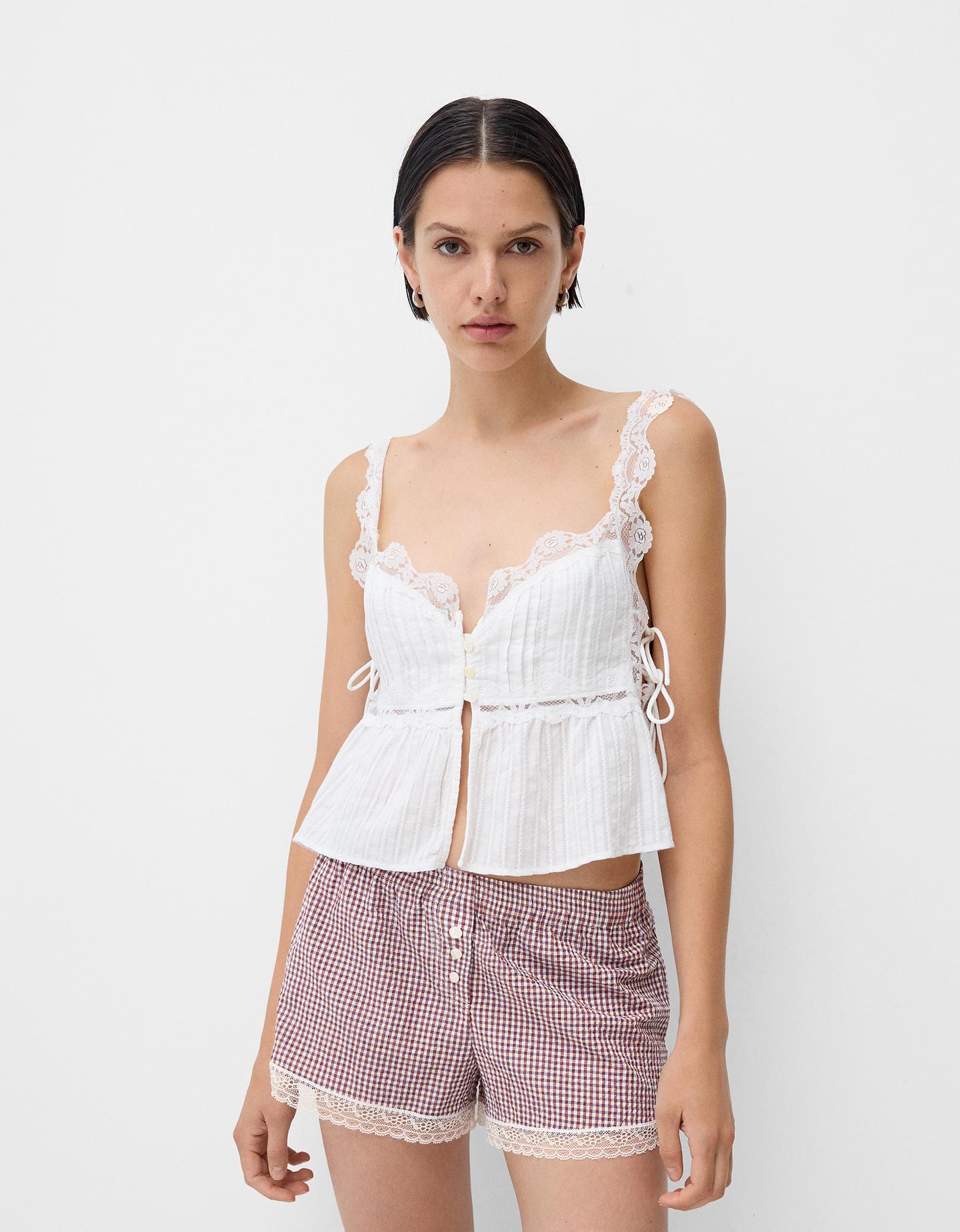 Bershka Shorts A Quadretti Dettaglio Pizzo Donna M Granato