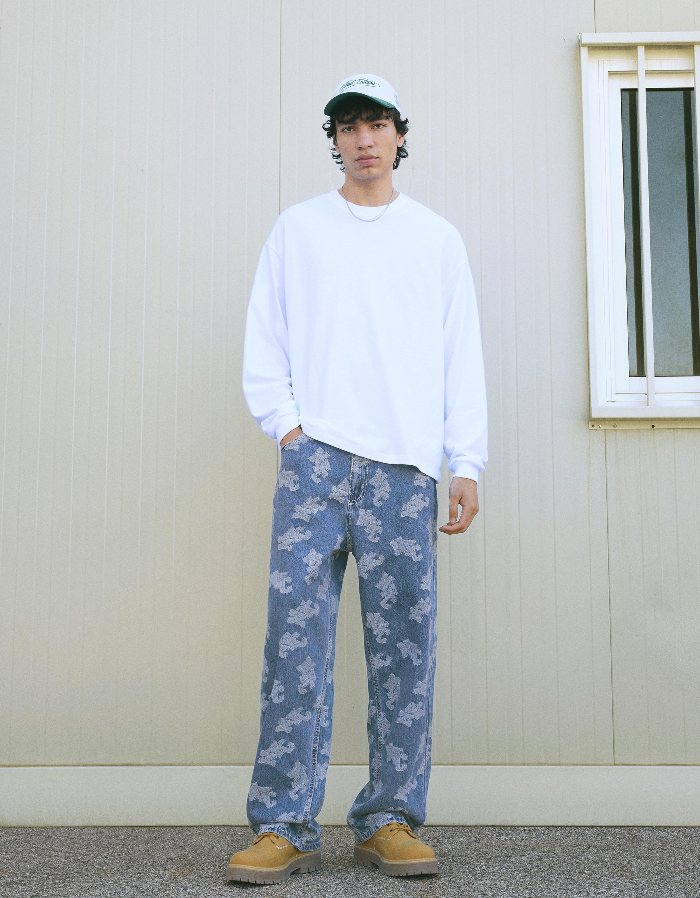 Bershka Baggy-Jeans Mit Jacquardmuster Herren 38 Ausgewaschenes Blau