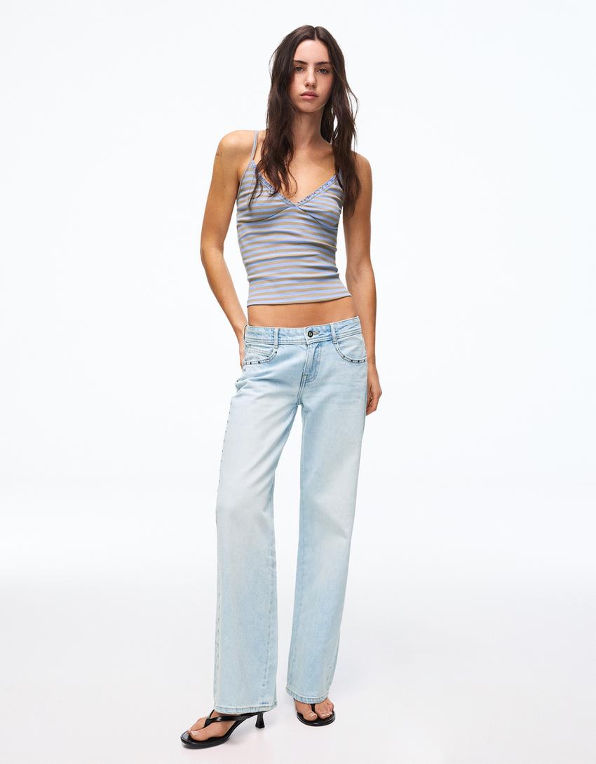 Düşük bel zımbalı baggy fit jean-Açık mavi