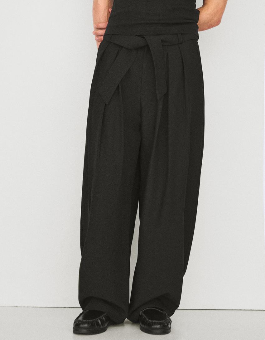 Pantalon barrel à pinces avec ceinture-Noir