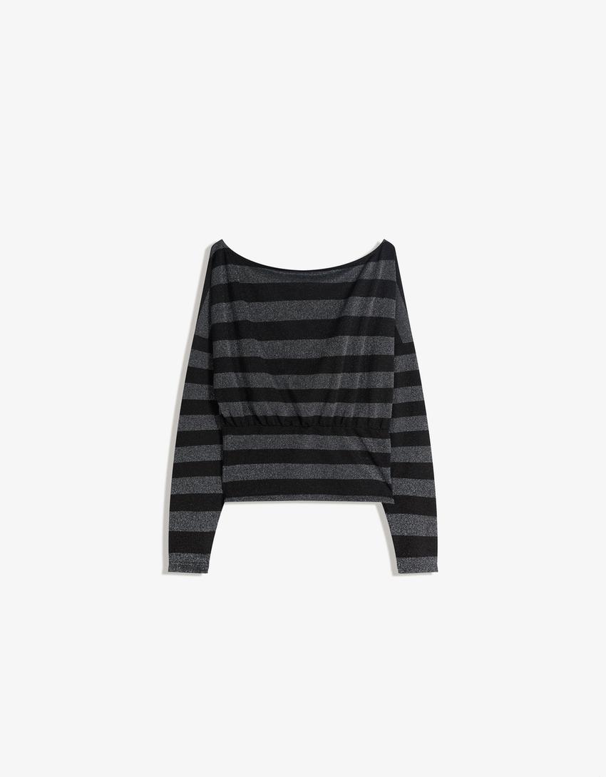 Shimmery asymmetric long sleeve stripe T-shirt-Grey